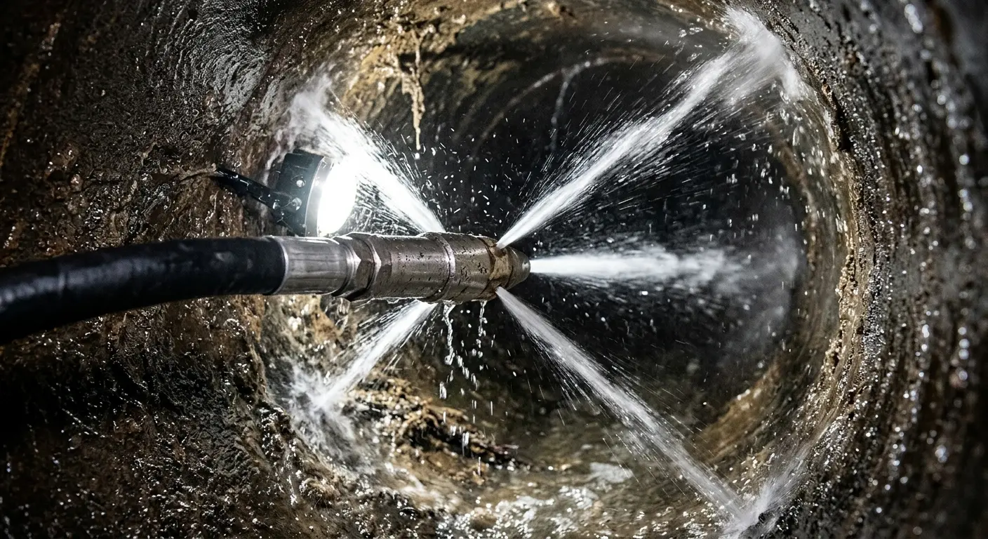 High-pressure hydro jetting nozzle cleaning sewer pipe for Emergency Drain Service in Parkwood