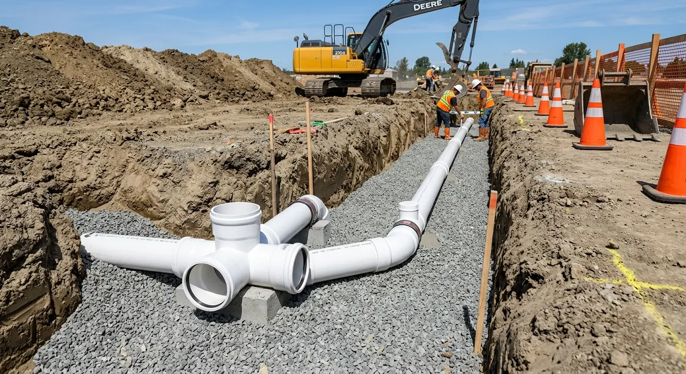 New PVC sewer pipe installation in open trench for Commercial Drain Cleaning in Parkwood