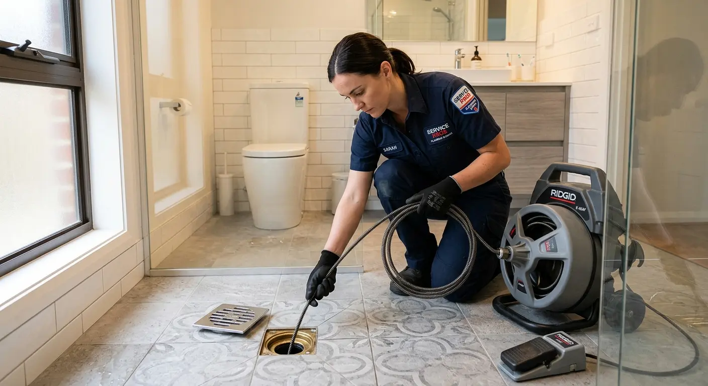 Technician clearing a bathroom floor drain for Hydro Jetting in Parkwood